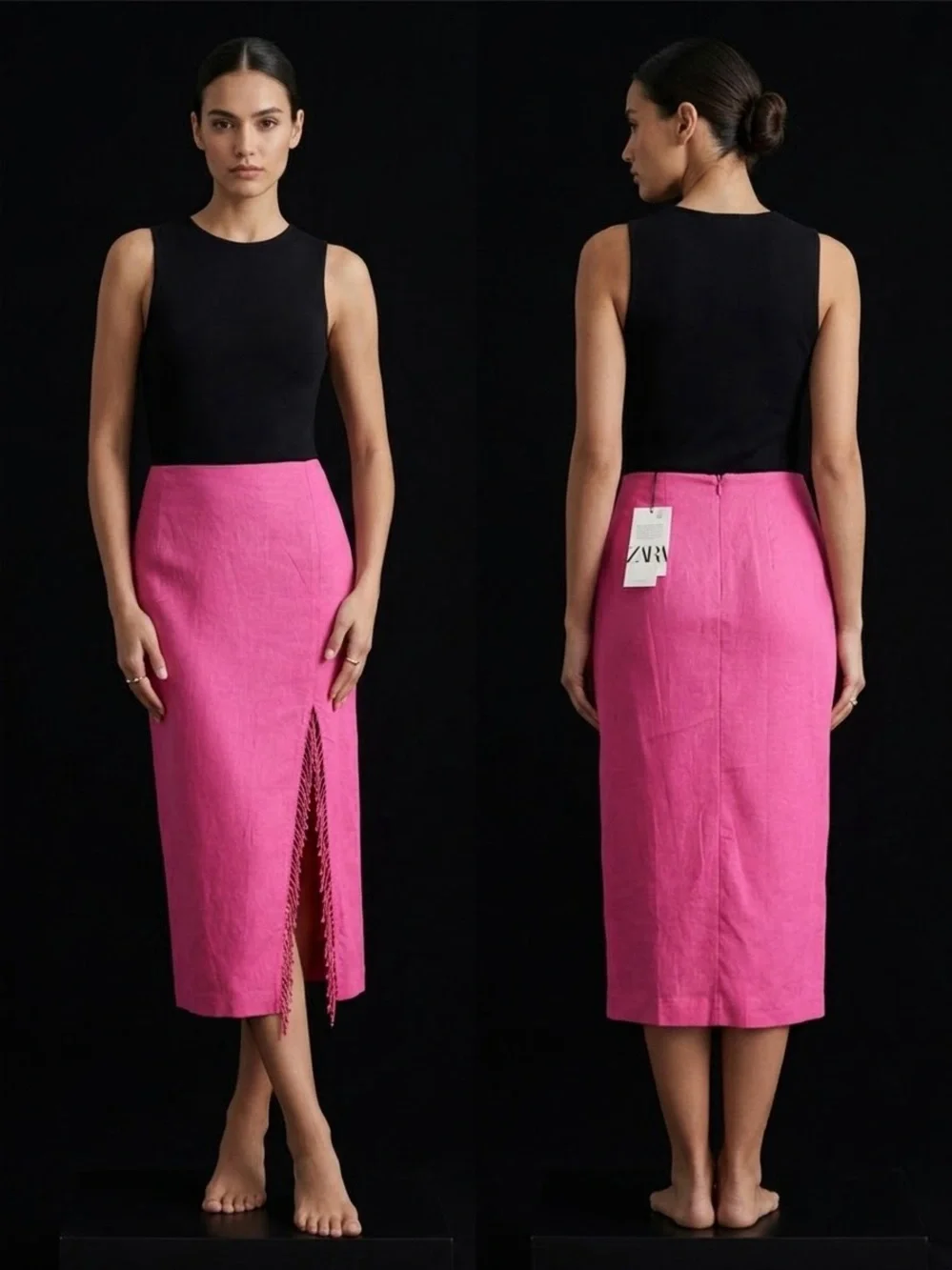 Zara Hot Pink Midi Pencil Skirt with Side Fringe Slit